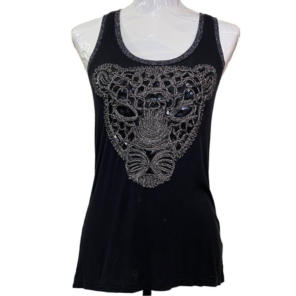 2B Bebe Black Tank Top Panther Embellished Size Small Silver Collar